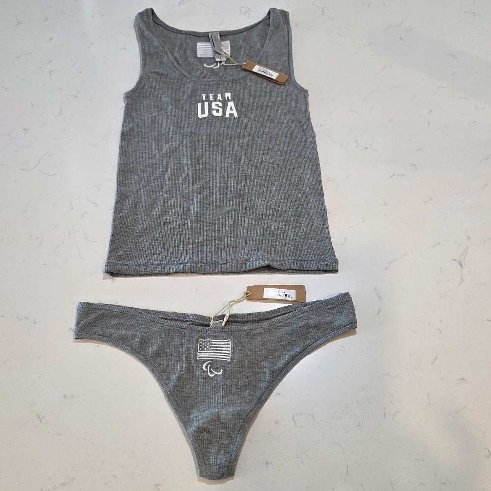 2pcs SKIMS Soft Lounge Rib Tank + Thong Team USA PARALYMPIC HEATHER GRAY - Picture 3 of 14
